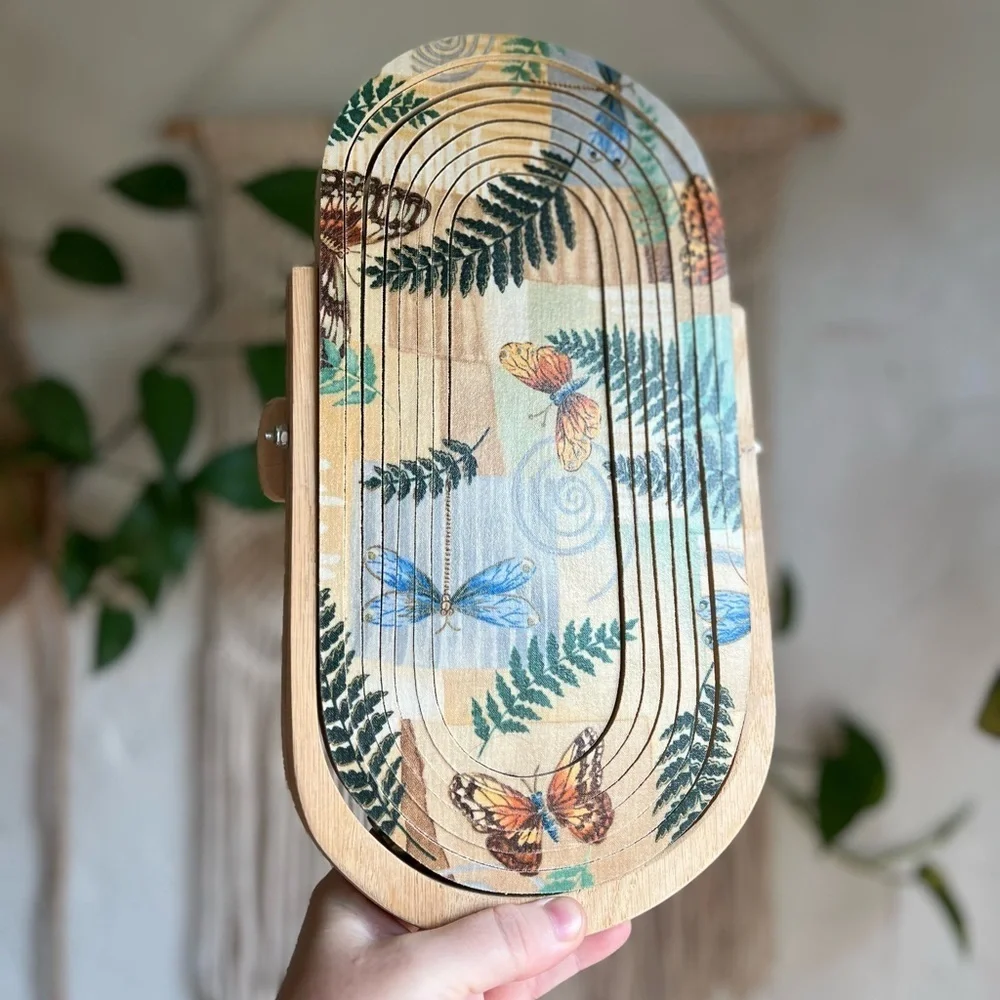 Folding Wooden Basket 12x6” – Butterfly Fern Boho Tray Rustic Cottagecore Decor